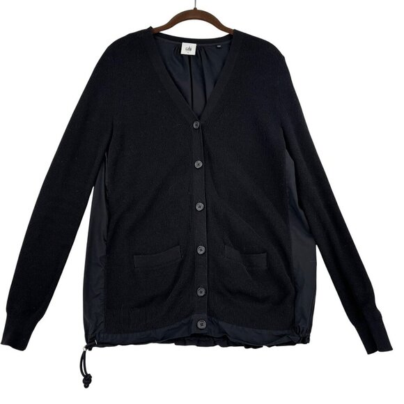Cabi Windbreaker Cardigan Sweater Womens Size S Black Mixed Media Knit - Picture 1 of 10